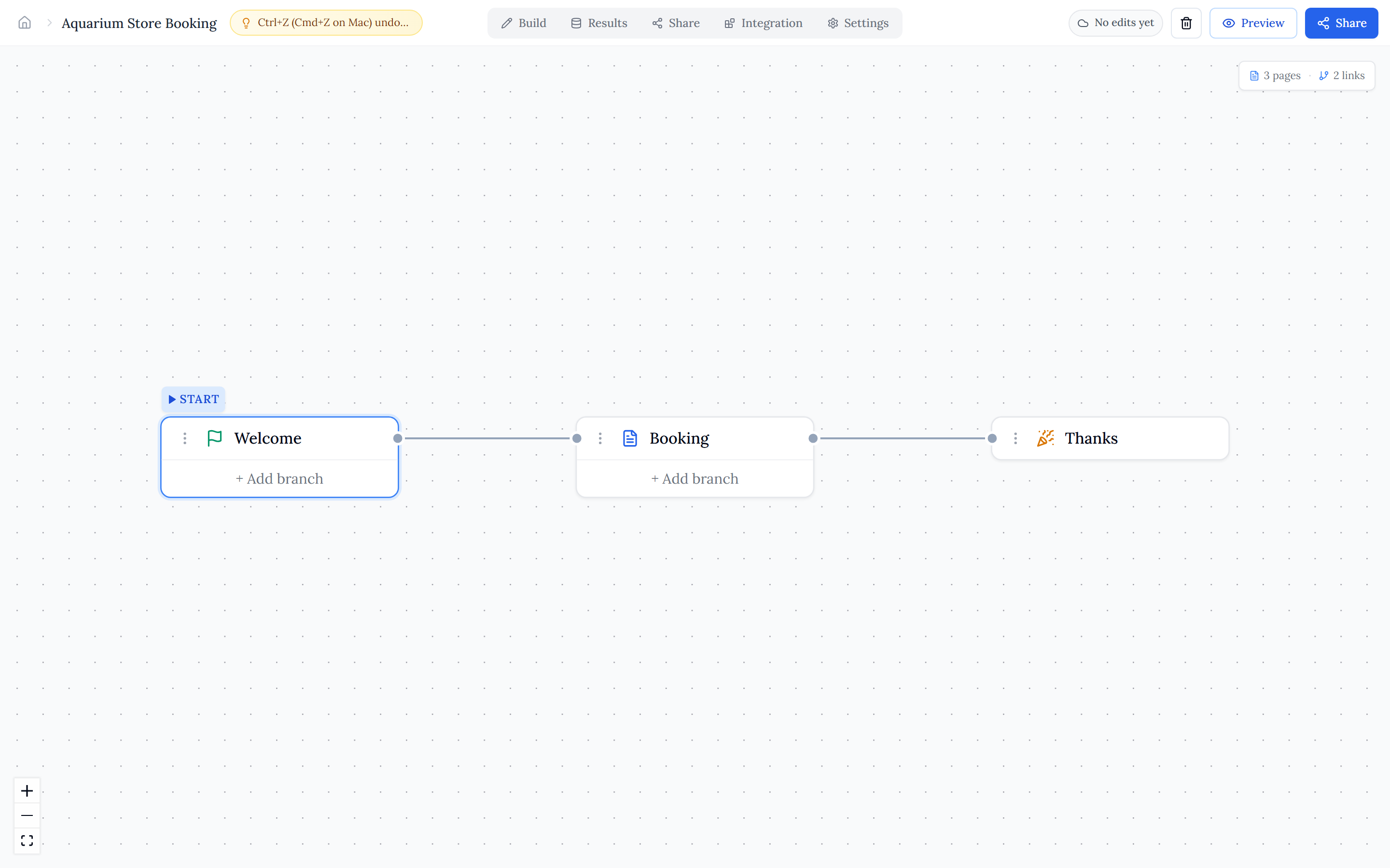 The Page Logic graph — Welcome, Booking and Thanks pages as connected nodes, each with an Add branch handle, and a pages/links counter.