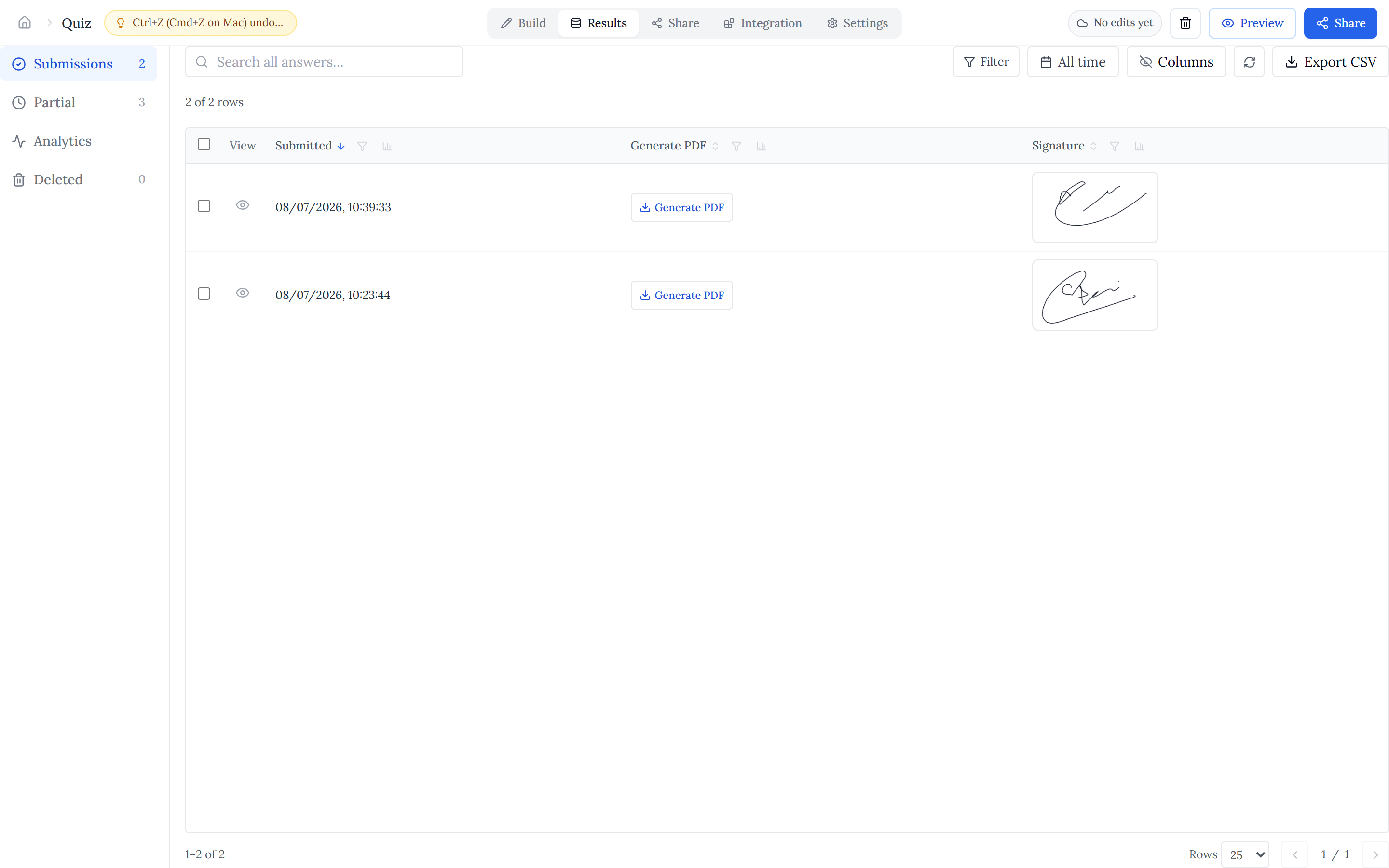 The Results page — Submissions/Partial/Analytics/Deleted navigation on the left, a searchable answers table, and Filter, date-range, Columns and Export CSV controls.