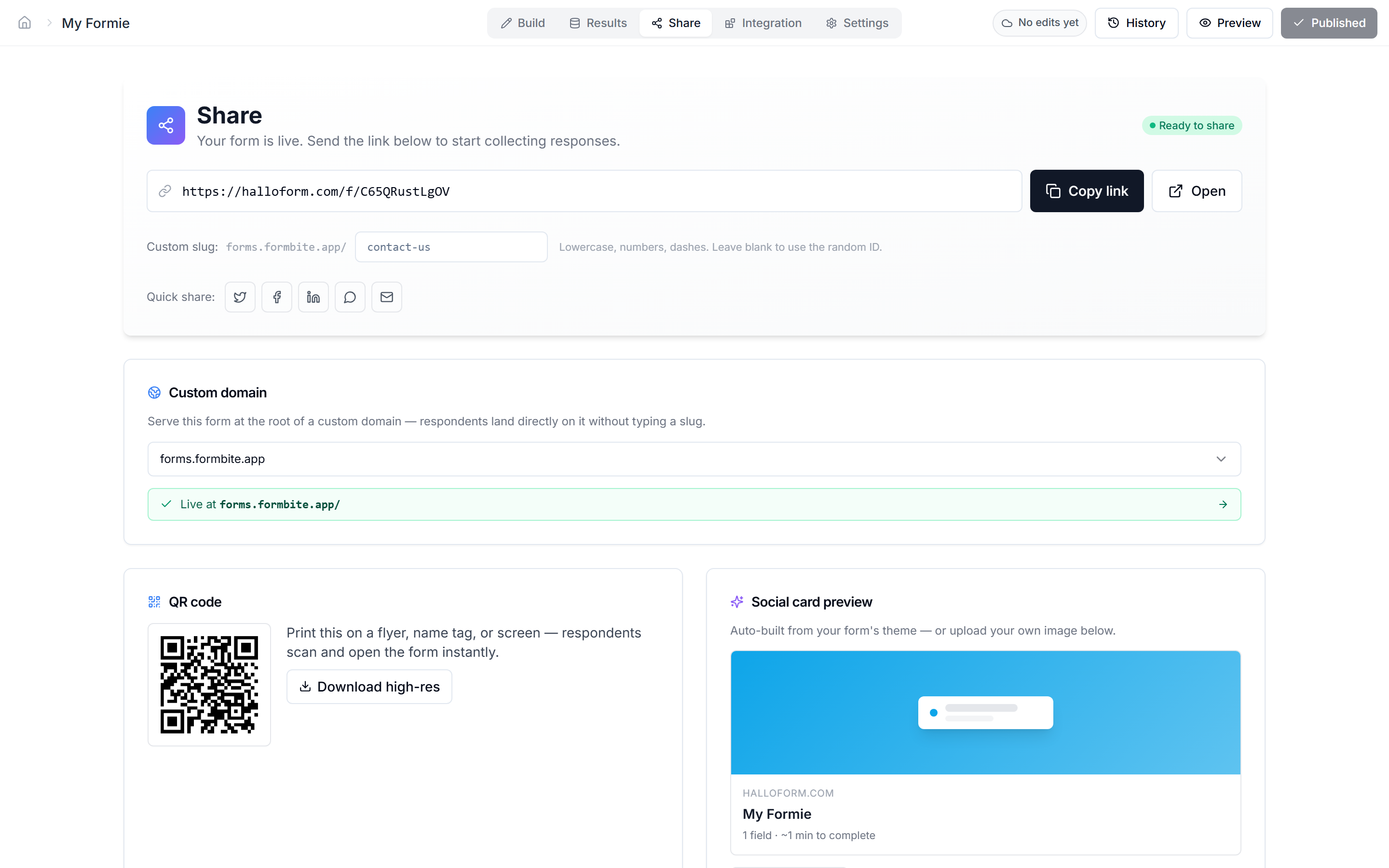 Share page showing the form's public URL with copy/open buttons, a custom slug input, a custom domain section, QR code preview, and social card.